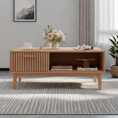 Produktbild von ProximaX Rattan Couchtisch mit Stauraum & Schublade | 100 cm Wohnzimmertisch aus Holz in Naturfarbe | Sofatisch mit Ablagefach