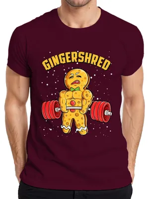 Zdjęcie produktu dla Koszulka męska "Gingershred Bodybuilder Lebkuchenfigur Fitness Weihnachtstraining", kolor burgundowy, rozmiar M