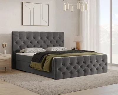 Produktbild von Chesterfield Boxspringbett, Kontinentalbett aus Samt, Polsterbett, dekorativem Kopfteil Doppelbett mit Bonell-Matratze, Topper und Bettkasten (gepolstertes Kopfteil, Boxspring) - Boxspringbett 13 180x200 – Dunkelgrau (Flow 16)