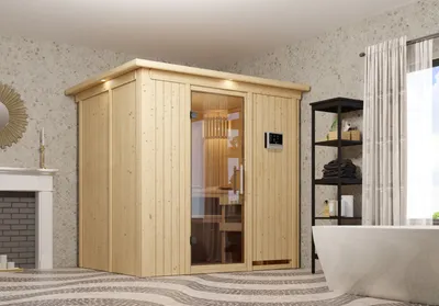 Produktbild von Karibu Sauna Innensauna Fanja Fronteinstieg Ofen 3,6 kW intgr. Strg 196x151x198 cm ohne Dachkranz mit Klarglastür