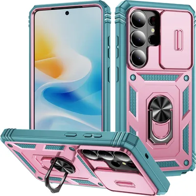 Immagine prodotto di Custodia per Samsung Galaxy S26 Ultra con protezione scorrevole per fotocamera, robusta e resistente agli urti, con anello, supporto e porta carte Rosa