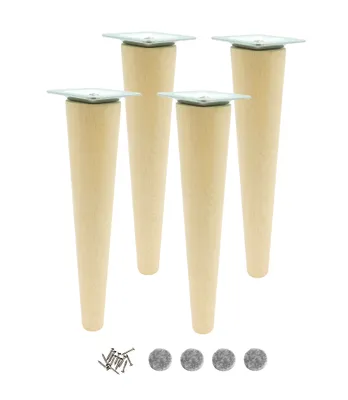 Four wooden furniture legs and accessories on a white background.