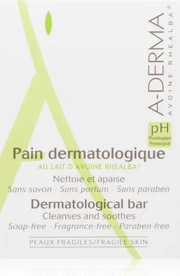The image shows the front of a product box for a dermatological bar.