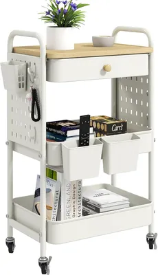 Image de Chariot de rangement métallique à 3 niveaux, avec tiroirs, monté sur roulettes, pour la cuisine