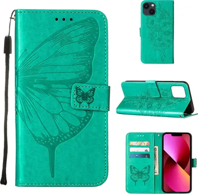 Produktbild von iPhone 13 Hülle, Schmetterling Prägung Flip Leder Kartenfächer Schutzhülle Ledertasche mit Ständer für iPhone 13 Grün