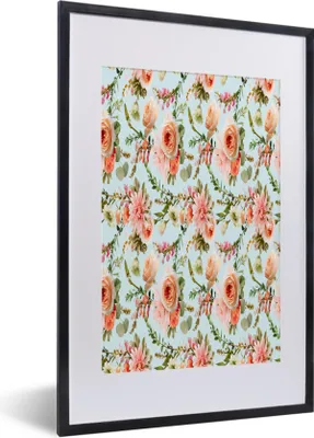Produktbild von MuchoWow® MuchoWow® Gerahmtes Poster Blumen - Muster - Rosen 40x60 cm - Poster mit zchwarzem Bilderrahmen - Poster in Rahmen