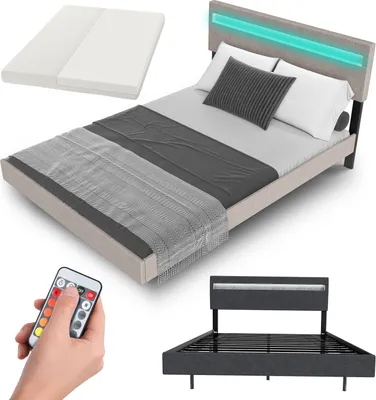 A collage of images showing a bed frame with a mattress, a remote control, and a disassembled bed frame.