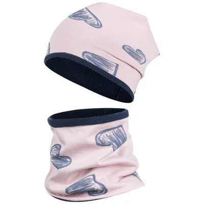 Produktbild von Wintermütze + Schlauchschal Mädchen Winterset Beanie Snood Herz Sterne, Puderrosa-Dunkelblau, Gr. 54-56