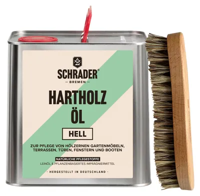 Produktbild von SCHRADER Terrassenöl hell - Pflegeset mit Teaköl - Holzöl auch für Holzmöbel - Enthält Hartholzöl und Schmutzbürste - 2-teilig - S9900301
