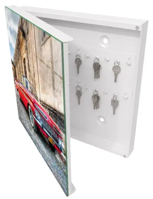 Produktbild von Weißer Metall-Schlüsselkasten, 30 x 30 cm – Schlüsselkasten zur Wandmontage mit Tür – Schlüsselkasten mit nach links öffnender Tür – praktischer Aufbewahrungsort für Schlüssel zu Hause – Retro-Auto, KI-generiertes Bild