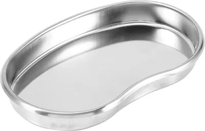 A stainless steel kidney-shaped tray.