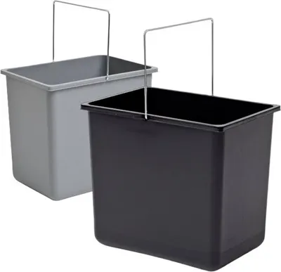 Two rectangular buckets with metal handles, one gray and one black, are shown side-by-side.