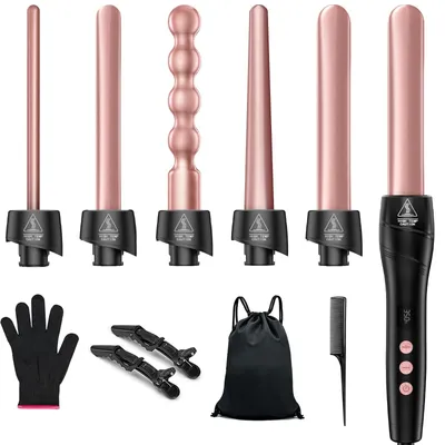 Productafbeelding van Krultang 6-in-1 en snel opwarmende krultangset met 6 verwisselbare keramische opzetstukken, snelle opwarming, dubbele spanning, reisaccessoire voor het haar