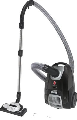 A black and gray Hoover vacuum cleaner with its hose and wand extended, shown against a white background.
