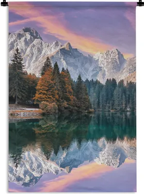 Produktbild von MuchoWow® Wandteppich Wandbehang Berg - Wald - Wasser - Himmel - Rosa - Lila 120x180 cm Tapisserie Dekoration Wandtuch - Schlafzimmer - Dekorationen für das Haus