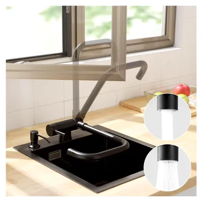 Produktbild von Hochdruck Wasserhahn Küche Klappbar Schwarz mit 2 Strahlarten, Vorfenster Küchenarmatur 180° Klappbar, 360° Drehbare Armatur Küche Schwarz, Unterfenster Mischbatterie Küche