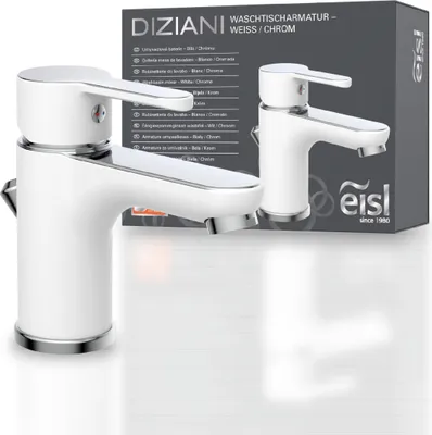 Obrázek produktu pro eisl DIZIANI Umyvadlová baterie s vytahovací tyčí, koupelnová baterie s odtokovou soupravou Umyvadlo, bílá/chromová