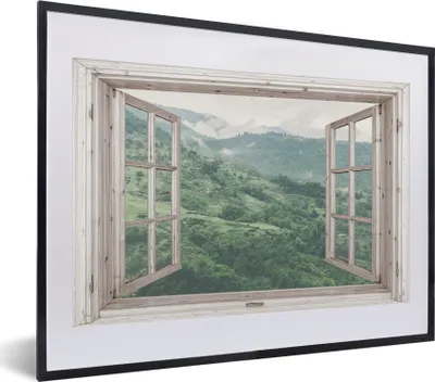 Produktbild von MuchoWow® Gerahmtes Poster Aussicht - Berg - Holz 40x30 cm - Poster mit Schwarzem Bilderrahmen Wandposter Rahmen Foto Bilder - Bilderrahmen - Poster im Rahmen