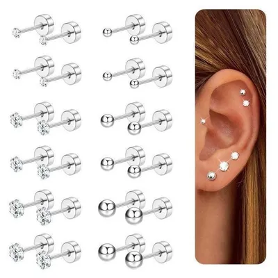 Productafbeelding van Oorbellen set, 12 paar, dames/heren, roestvrij staal, bolvormig, met zirkonia (CZ), 2-4 mm, zilverkleurig
