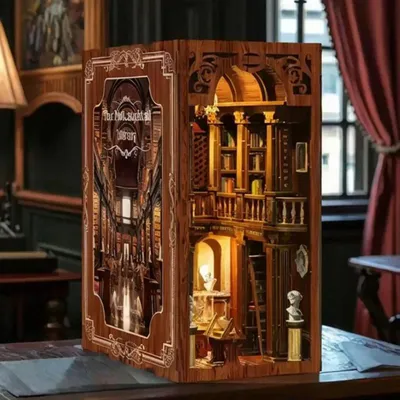 Image de Habarri | DIY Book Nook - Bibliothèque victorienne - Puzzle 3D - Kit maison miniature avec meubles et lumière LED - Kit coin de livre