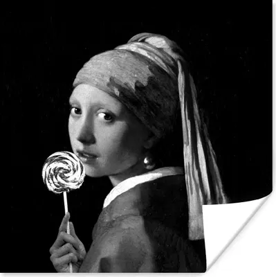 Produktbild von MuchoWow® Poster Das Mädchen mit dem Perlenohrring - Johannes Vermeer - Schwarz und weiß 75x75 cm - Wand Dekoration