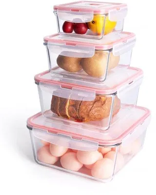 Produktbild von Set aus 4 großen gläsernen Lebensmittelbehältern mit Deckel, gläserne Behälter mit Deckeln, gläserne Lagerbehälter, BPA-frei.