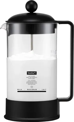 A Bodum milk frother is shown with milk inside.