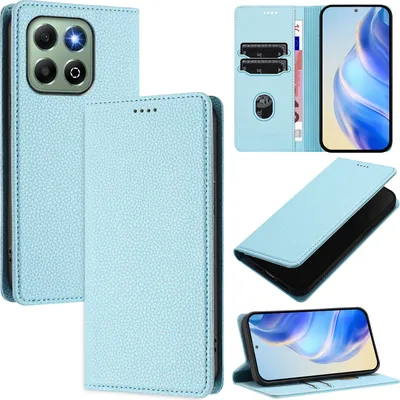 Produktbild von Litchi Leder Handyhülle für Honor X6b/Honor X6a Wallet Kartenfächer Standfunktion Hülle Hellblau