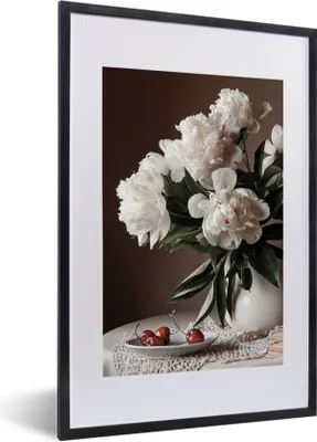 Produktbild von MuchoWow® Gerahmtes Poster Kirschen - Stillleben - Blumen 40x60 cm - Poster mit Schwarzem Bilderrahmen Wandposter Rahmen Foto Bilder - Poster in Rahmen