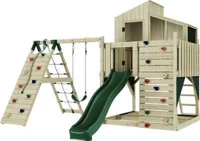 Produktbild von OutdoorToys Outdoor Spielturm mit Wellenrutsche, Spielhaus aus Holz mit Kinderschaukel, Kletterwand, Kletternetz, Ausführung: Kinderschaukel, Farbe: Smaragdgrün Kinderschaukel