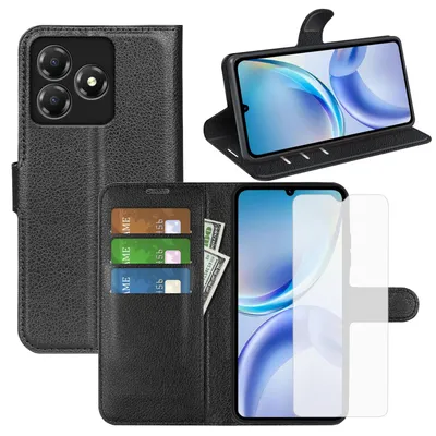 Produktbild von Für ZTE Blade A36 Kunstleder Book Wallet Handy Tasche Schwarz + 9H Hart Glas
