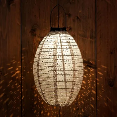 Obrázek produktu pro LED solární textilní lucerna, oválná, šedá – 32 cm – zahradní dekorativní osvětlení, teplá bílá