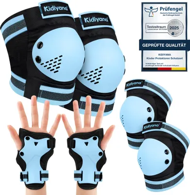 Produktbild von Kidiyana Kinder Protektoren Set S (2–6 Jahre) Blau – Knie-, Ellenbogen- & Handgelenkschoner, 6-in-1 Schutzset für Scooter, Skateboard & Fahrrad