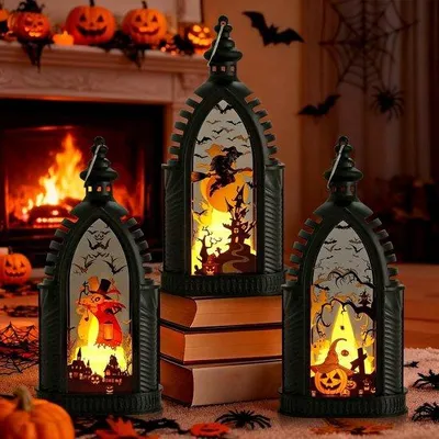 Immagine prodotto di Set di 3 decorazioni per Halloween: zucche decorative con candela a LED, scheletro e lampada a forma di strega, ideali per l'esterno, per decorazioni autunnali e per il giardino