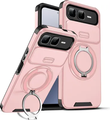 Image de Étui double couche pour Infinix Smart 10 Plus, avec couvercle coulissant pour l'appareil photo et support magnétique en forme d'anneau Rose