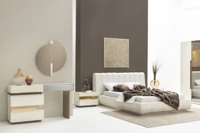 Immagine prodotto di Set camera da letto beige – letto, 2 comodini, toletta e specchio