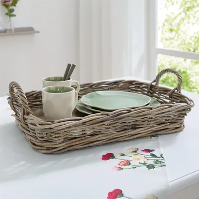 Produktbild von großes Tablett "Koboo Grey" aus Rattan, grau, mit Griffen, 50x35 cm, Serviertablett, Korbtablett rechteckig, Kaffeetablett