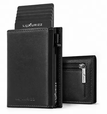 Produktbild von Luxurizz Slim Wallet Herren mit Magnetverschluss, Pop-Up Kartenhalter mit RFID-Schutz, Klassisch Schwarz