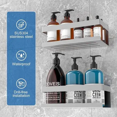 Obrázok produktu pre Držiak na sprchové potreby z nehrdzavejúcej ocele, 2-dielny, organizér, držiak na šampón a sprchový gél, strieborný