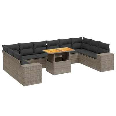 Produktbild von 11-tlg. Gartenmöbel-Set, modulare Sofagarnitur mit verstellbarem Tisch, Poly Rattan Grau, UV-beständig, mit abnehmbaren Kissenbezügen