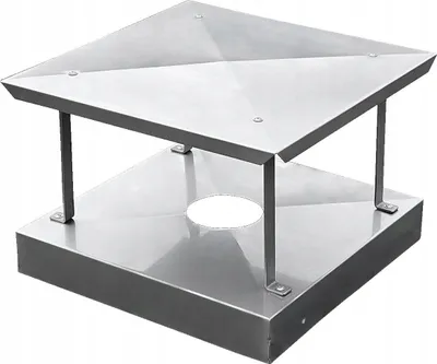 A stainless steel chimney cap with a square base and a pyramidal top, elevated by four vertical supports. It features a central circular opening at the base.