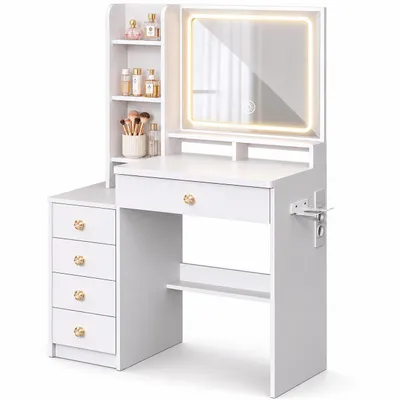 Produktbild von Schminktisch mit LED-Beleuchtung & Steckdosen, Frisiertisch mit Spiegel, 5 Schubladen, Föhnhalter, 3 Lichtfarben, Dimmbar, Weiß, 90 x 40 x 132 cm