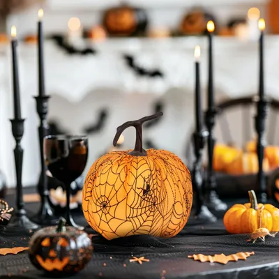 Imagen del producto de Decoración de Halloween: calabaza, 16,5 cm, color naranja, telaraña, plumas