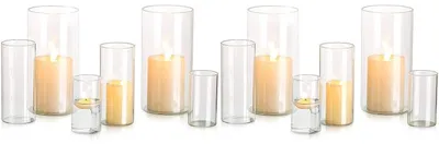 Productafbeelding van Kandelaars van glas, set van 4 stuks (S, M, L). Windlichten voor stompkaarsen, theelichthouders en decoratie met pampasgras. Geschikt voor bruiloften, tafeldecoratie, woonkamer en eettafel