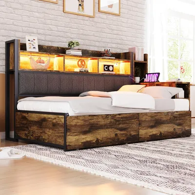 Produktbild von MODFU Jugendbett ohne Matratze 90x200 Schlafsofa mit Schließfächern,ausziehbaren Schreibtisch und Steckdosen,Tagesbett mit LED-Beleuchtung,Schubladen,Holzfarbe