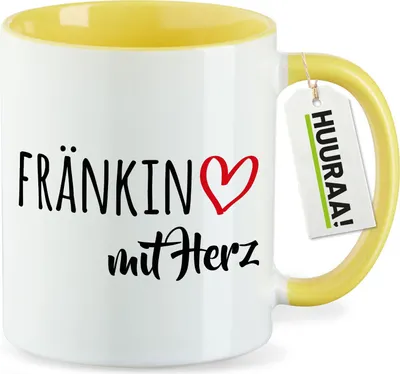 Produktbild von Huuraa Kaffeetasse Fränkin mit Herz 330ml Gelb Keramik Kaffeebecher Geschenkidee