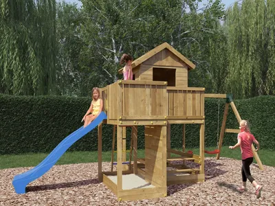 Produktbild von Fungoo Grün Braun Spielturm Pluto, Spielhaus mit Fenster, Doppelschaukel, Kletterwand, Sandkasten, Picknicktisch, Kesseldruckimprägniert Kiefer Holz