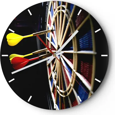 Produktbild von Wanduhr - Rund - Glasuhr - Pfeil Darts Spaß Schild - 30x30cm - Schleichendes Uhrwerk - Lautlos - zum Aufhängen bereit - Dekoration Modern - Wanddekoration aus Glas - C3AR30x30-2199