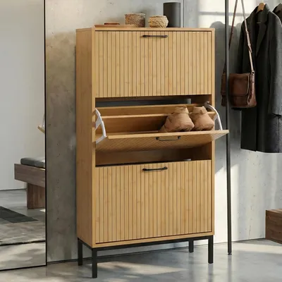 Immagine prodotto di Scarpiera HWC-P48, scarpiera a ripiano, 3 scomparti inclinabili MDF melaminico 125x60x25cm ~ look bambù