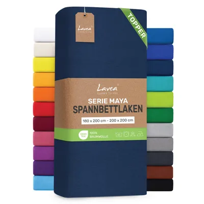 Produktbild von Lavea® Topper Spannbettlaken 180x200 cm - 200x200 cm, Maya 100% Jersey Baumwolle – Weiches Spannbetttuch Topper bis 10 cm- Galaxyblau